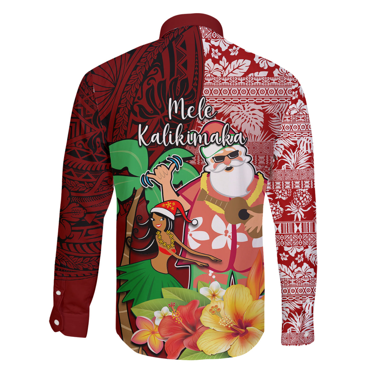 Hawaii Mele Kalikimaka Family Matching Off Shoulder Long Sleeve Dress and Hawaiian Shirt Santa Claus and Hula Girl Tropical Folwer with Hawaiian Pattern LT03 - Polynesian Pride