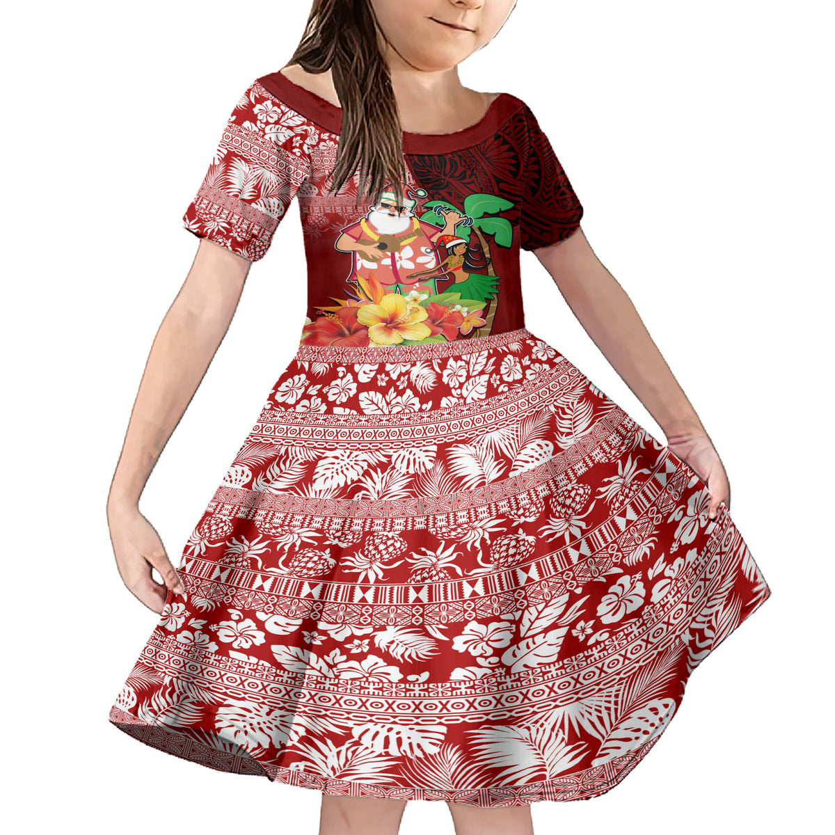 Hawaii Mele Kalikimaka Family Matching Short Sleeve Bodycon Dress and Hawaiian Shirt Santa Claus and Hula Girl Tropical Folwer with Hawaiian Pattern LT03 Daughter's Dress Red - Polynesian Pride