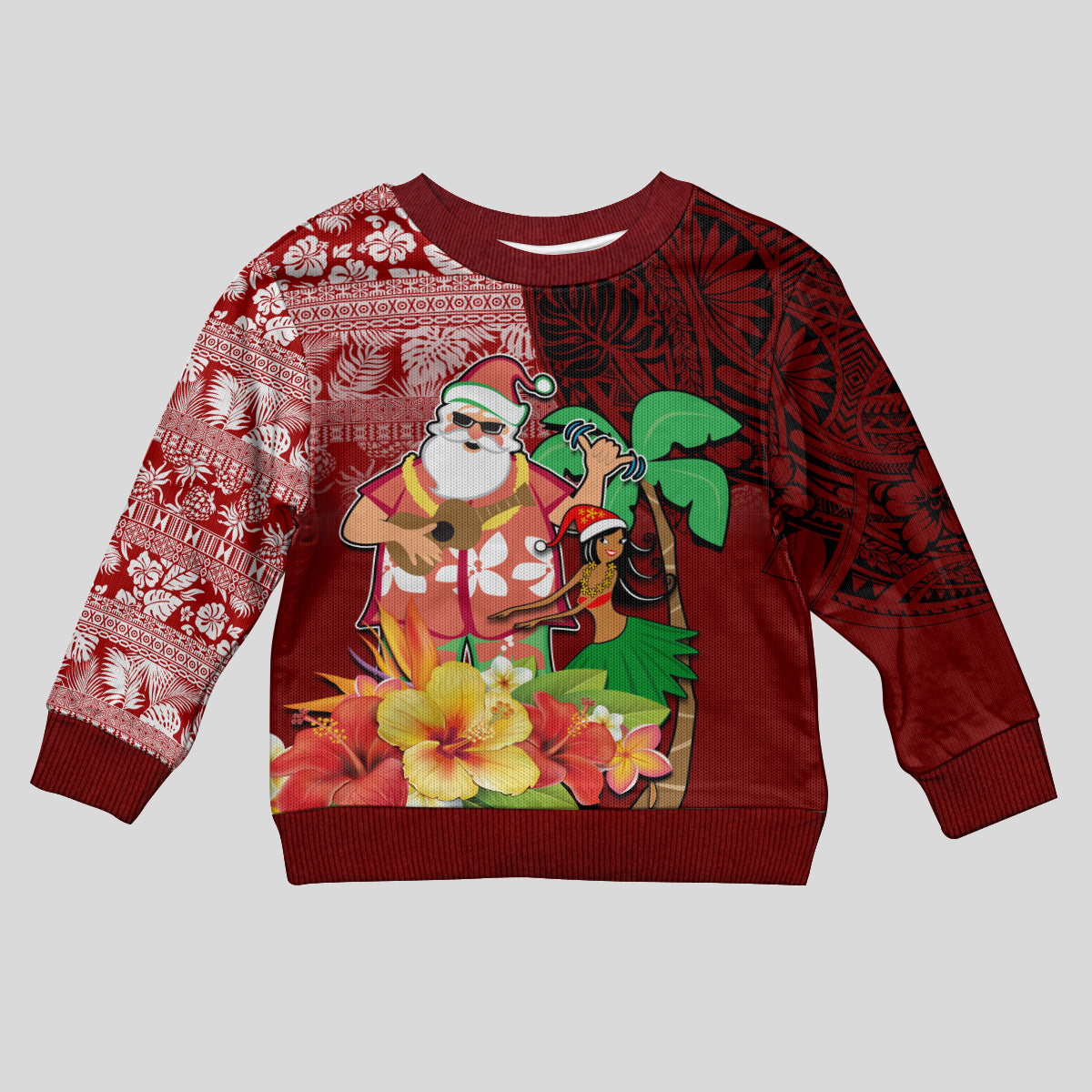 Hawaii Mele Kalikimaka Kid Ugly Christmas Sweater Santa Claus and Hula Girl Tropical Folwer with Hawaiian Pattern LT03 Kid Red - Polynesian Pride