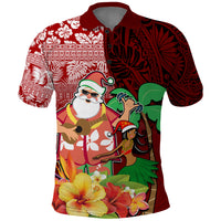 Hawaii Mele Kalikimaka Polo Shirt Santa Claus and Hula Girl Tropical Folwer with Hawaiian Pattern LT03 Red - Polynesian Pride