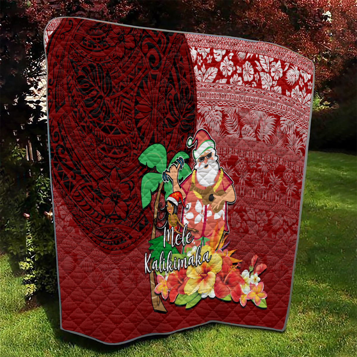 Hawaii Mele Kalikimaka Quilt Santa Claus and Hula Girl Tropical Folwer with Hawaiian Pattern LT03 - Polynesian Pride