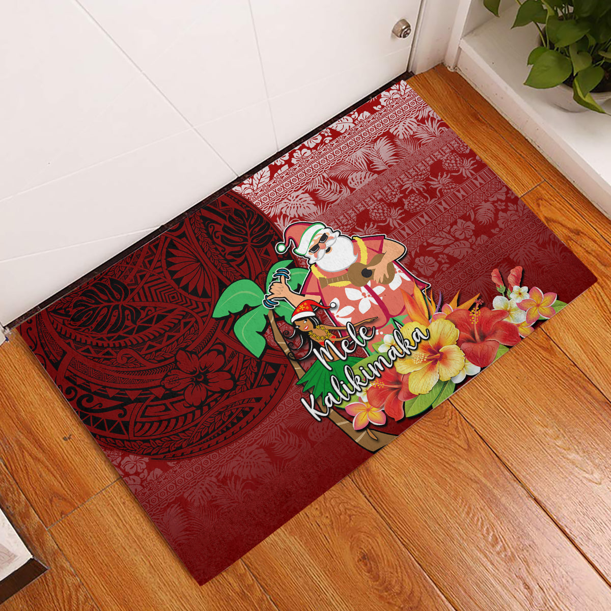 Hawaii Mele Kalikimaka Rubber Doormat Santa Claus and Hula Girl Tropical Folwer with Hawaiian Pattern LT03 Red - Polynesian Pride