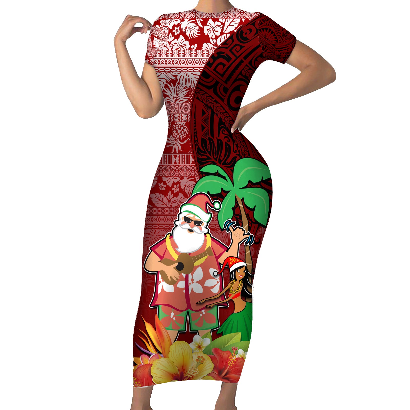 Hawaii Mele Kalikimaka Short Sleeve Bodycon Dress Santa Claus and Hula Girl Tropical Folwer with Hawaiian Pattern LT03 Long Dress Red - Polynesian Pride