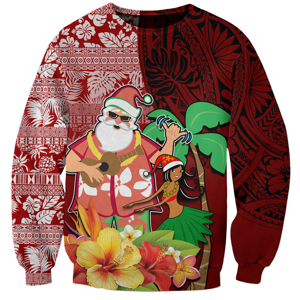 Hawaii Mele Kalikimaka Sweatshirt Santa Claus and Hula Girl Tropical Folwer with Hawaiian Pattern LT03 Unisex Red - Polynesian Pride