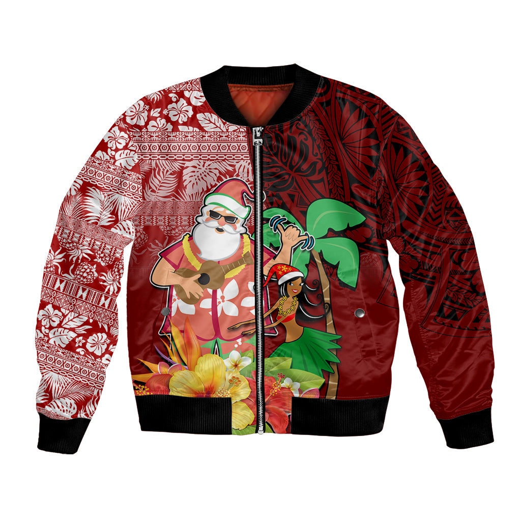 Custom Hawaii Mele Kalikimaka Bomber Jacket Santa Claus and Hula Girl Tropical Folwer with Hawaiian Pattern LT03 Unisex Red - Polynesian Pride