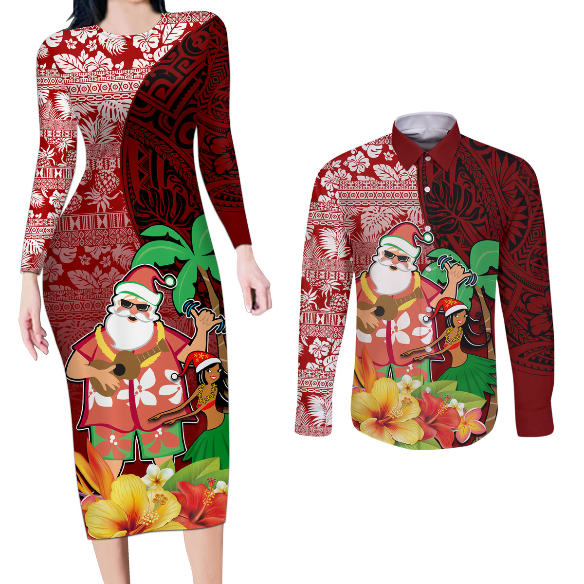 Custom Hawaii Mele Kalikimaka Couples Matching Long Sleeve Bodycon Dress and Long Sleeve Button Shirt Santa Claus and Hula Girl Tropical Folwer with Hawaiian Pattern LT03 Red - Polynesian Pride