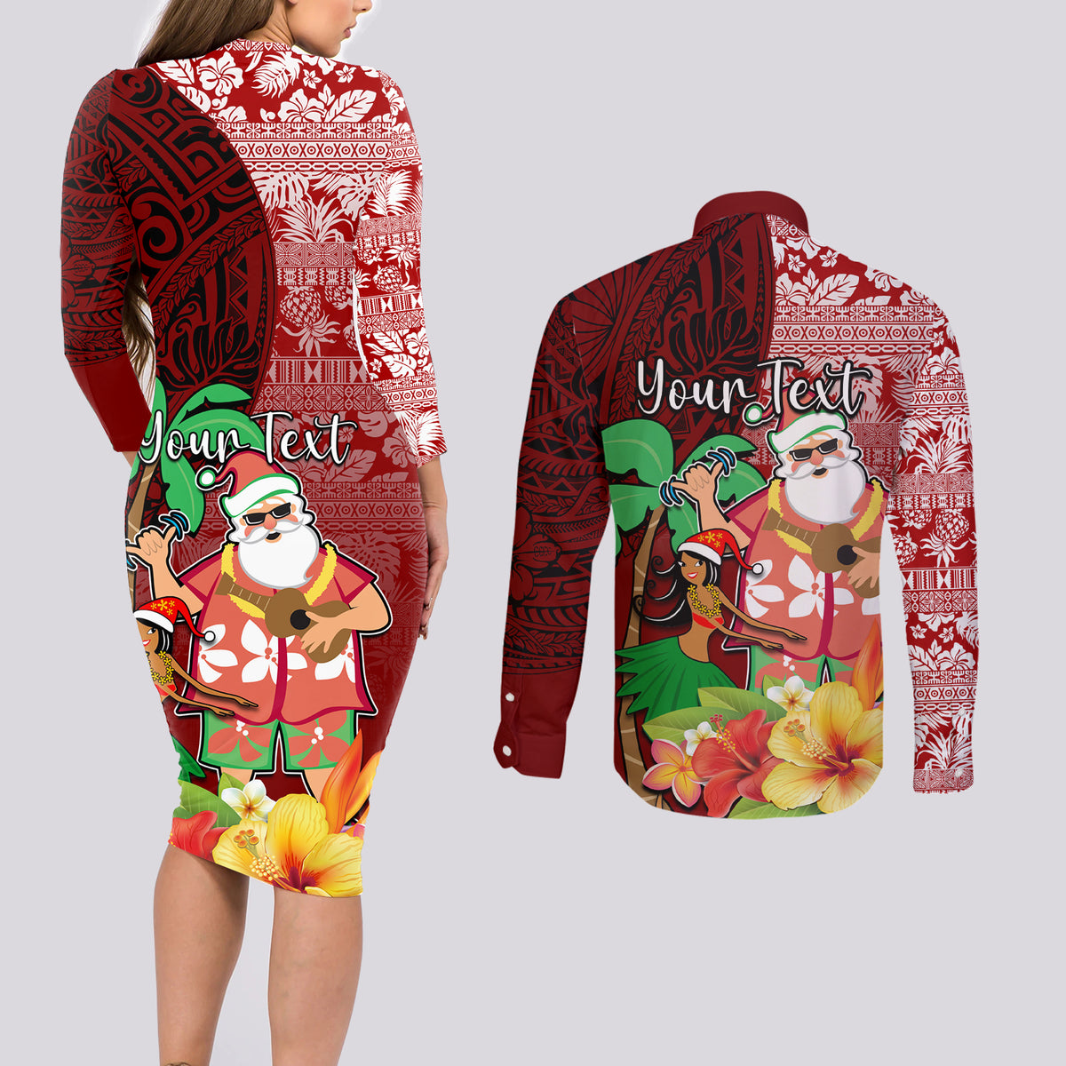 Custom Hawaii Mele Kalikimaka Couples Matching Long Sleeve Bodycon Dress and Long Sleeve Button Shirt Santa Claus and Hula Girl Tropical Folwer with Hawaiian Pattern LT03 - Polynesian Pride