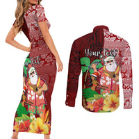 Custom Hawaii Mele Kalikimaka Couples Matching Short Sleeve Bodycon Dress and Long Sleeve Button Shirt Santa Claus and Hula Girl Tropical Folwer with Hawaiian Pattern LT03 - Polynesian Pride