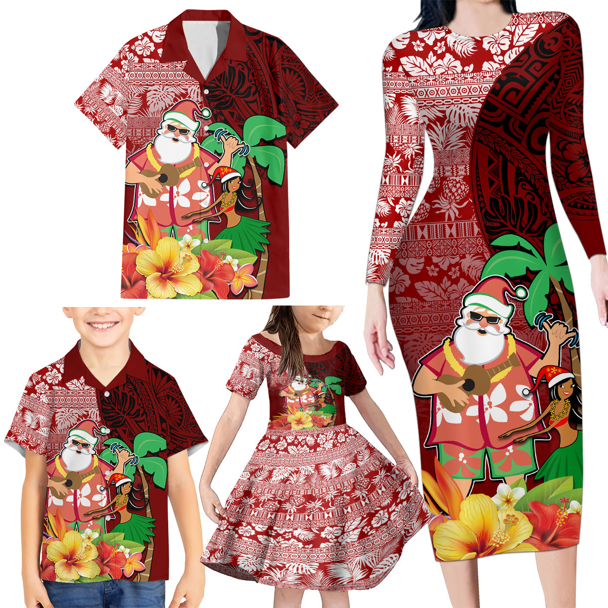 Custom Hawaii Mele Kalikimaka Family Matching Long Sleeve Bodycon Dress and Hawaiian Shirt Santa Claus and Hula Girl Tropical Folwer with Hawaiian Pattern LT03 - Polynesian Pride