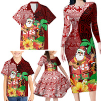 Custom Hawaii Mele Kalikimaka Family Matching Long Sleeve Bodycon Dress and Hawaiian Shirt Santa Claus and Hula Girl Tropical Folwer with Hawaiian Pattern LT03 - Polynesian Pride