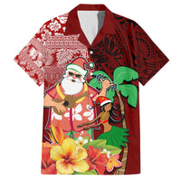 Custom Hawaii Mele Kalikimaka Family Matching Long Sleeve Bodycon Dress and Hawaiian Shirt Santa Claus and Hula Girl Tropical Folwer with Hawaiian Pattern LT03 Dad's Shirt - Short Sleeve Red - Polynesian Pride