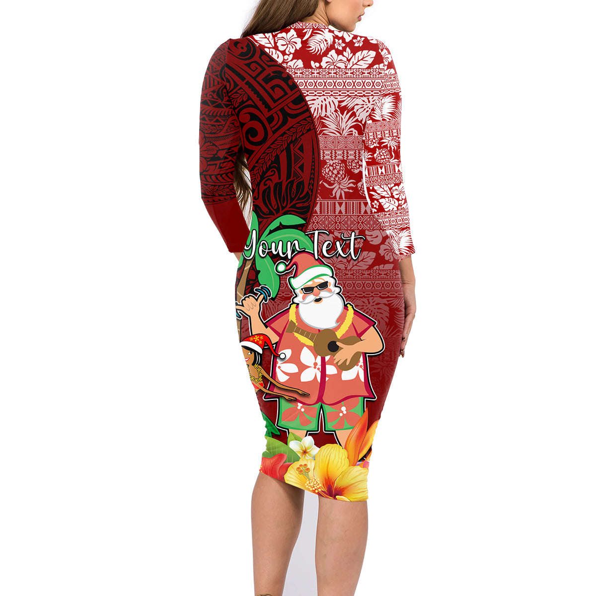 Custom Hawaii Mele Kalikimaka Family Matching Long Sleeve Bodycon Dress and Hawaiian Shirt Santa Claus and Hula Girl Tropical Folwer with Hawaiian Pattern LT03 - Polynesian Pride