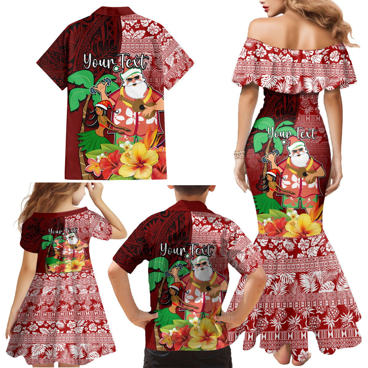Custom Hawaii Mele Kalikimaka Family Matching Mermaid Dress and Hawaiian Shirt Santa Claus and Hula Girl Tropical Folwer with Hawaiian Pattern LT03 - Polynesian Pride