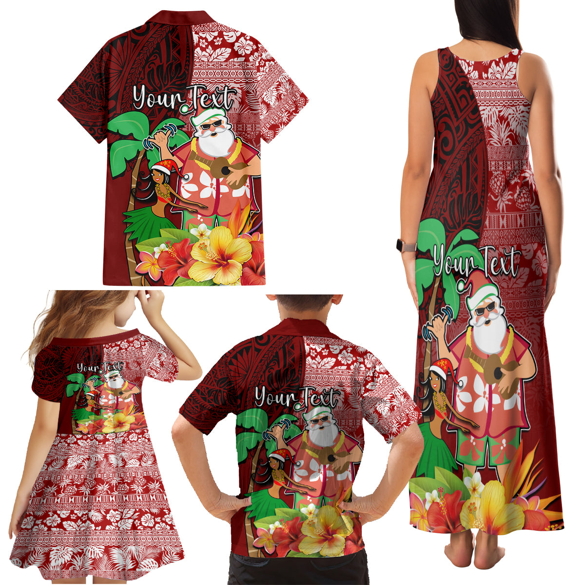 Custom Hawaii Mele Kalikimaka Family Matching Tank Maxi Dress and Hawaiian Shirt Santa Claus and Hula Girl Tropical Folwer with Hawaiian Pattern LT03 - Polynesian Pride
