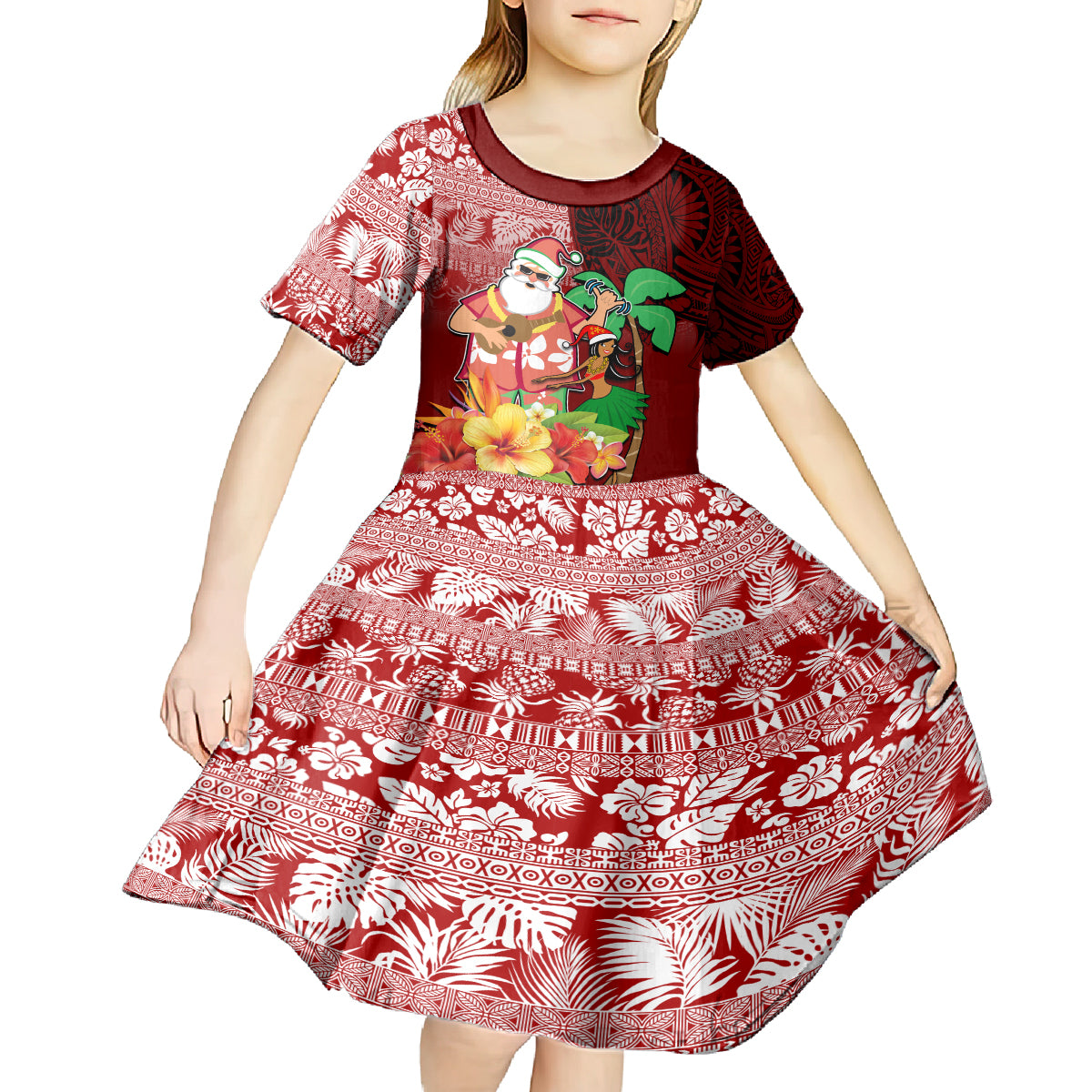 Custom Hawaii Mele Kalikimaka Kid Short Sleeve Dress Santa Claus and Hula Girl Tropical Folwer with Hawaiian Pattern LT03 - Polynesian Pride