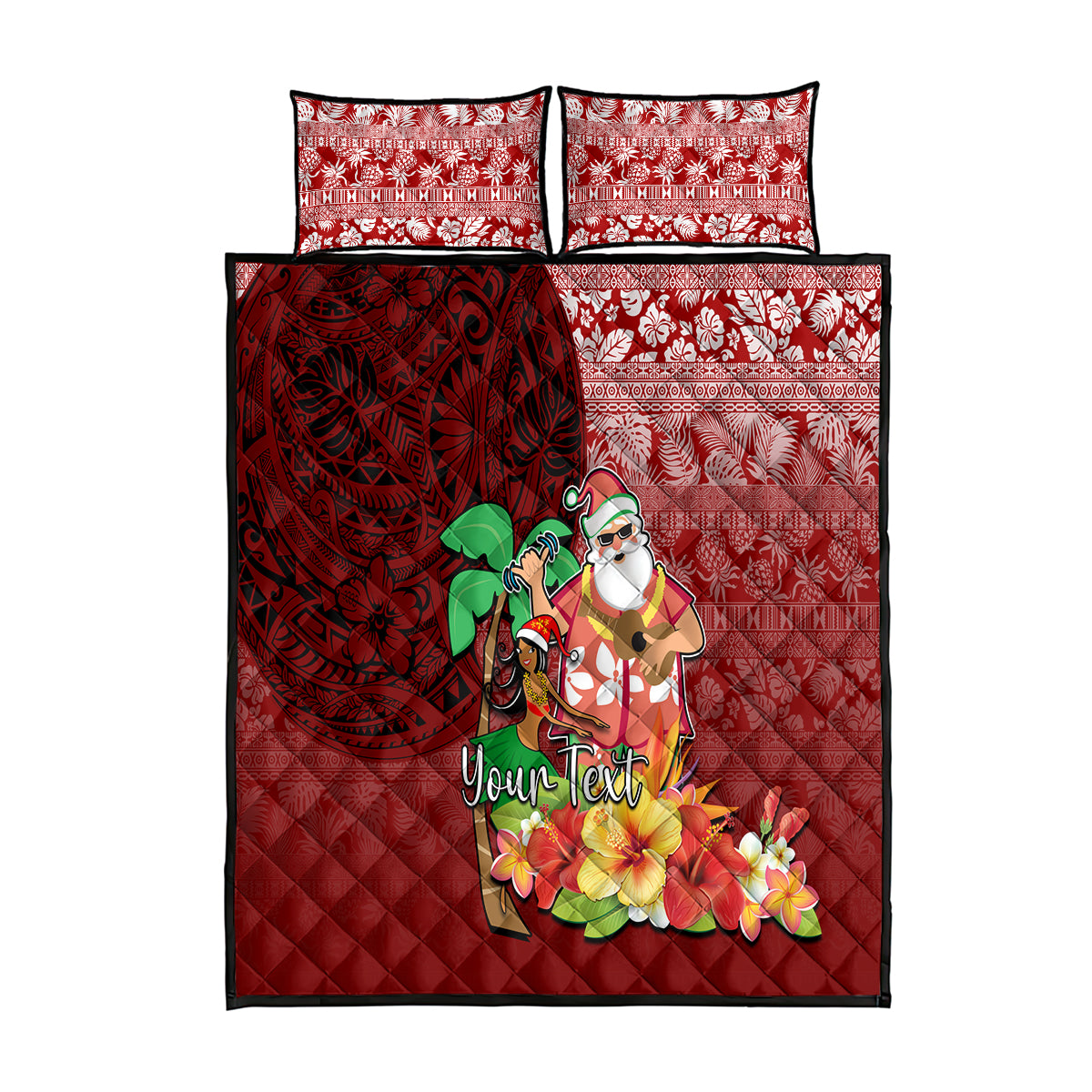 Custom Hawaii Mele Kalikimaka Quilt Bed Set Santa Claus and Hula Girl Tropical Folwer with Hawaiian Pattern LT03 Red - Polynesian Pride