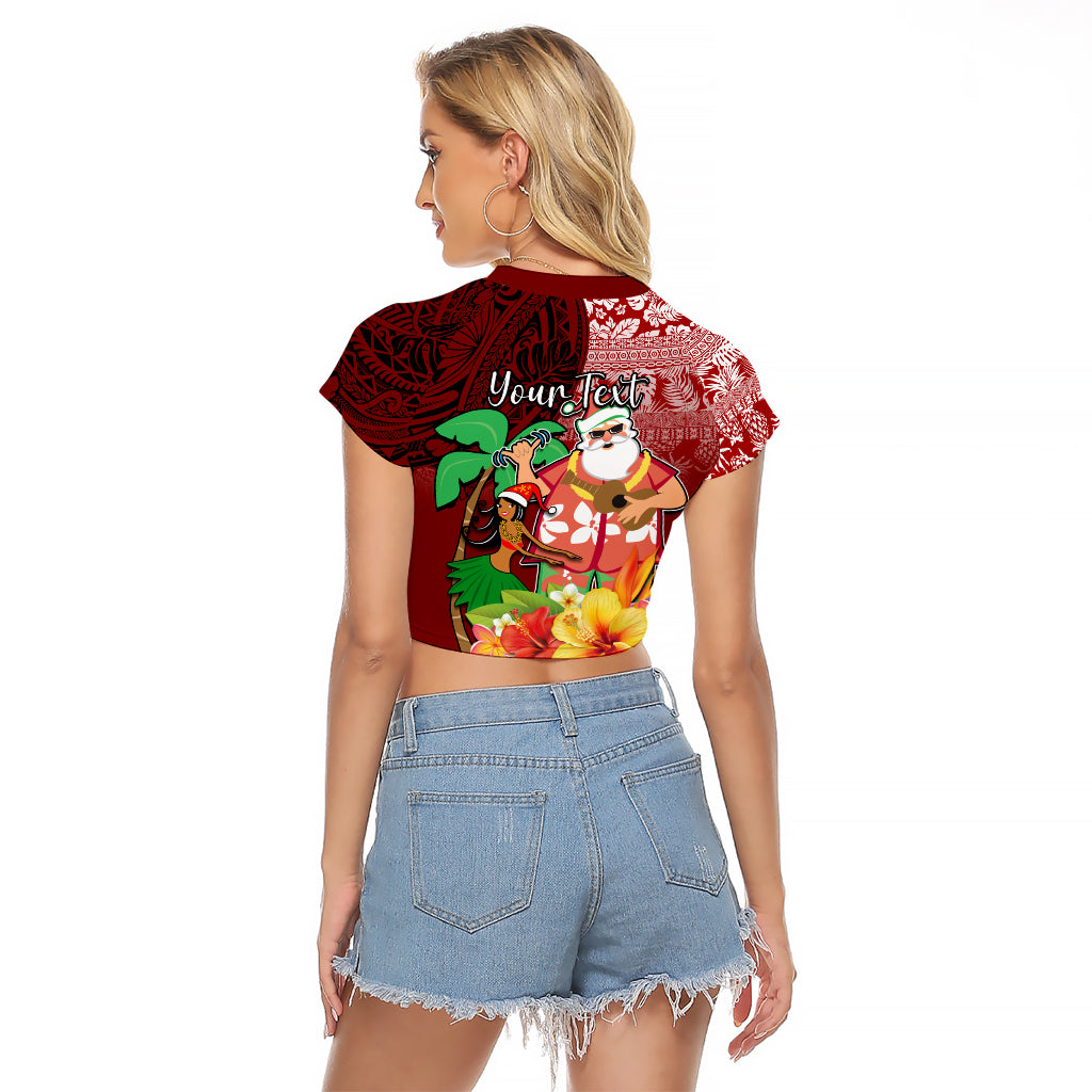 Custom Hawaii Mele Kalikimaka Raglan Cropped T Shirt Santa Claus and Hula Girl Tropical Folwer with Hawaiian Pattern LT03 - Polynesian Pride