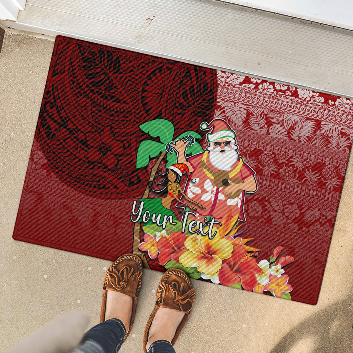 Custom Hawaii Mele Kalikimaka Rubber Doormat Santa Claus and Hula Girl Tropical Folwer with Hawaiian Pattern LT03 - Polynesian Pride