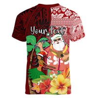 Custom Hawaii Mele Kalikimaka Women V Neck T Shirt Santa Claus and Hula Girl Tropical Folwer with Hawaiian Pattern LT03 - Polynesian Pride