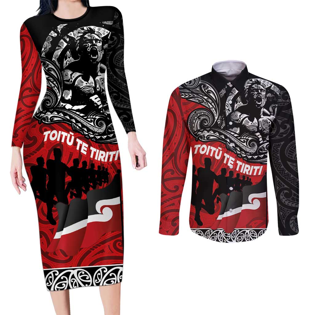 Aotearoa Toitu Te Tiriti Couples Matching Long Sleeve Bodycon Dress and Long Sleeve Button Shirt Honoring Te Tiriti o Waitangi Maori Haka LT03 Red - Polynesian Pride