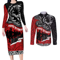 Aotearoa Toitu Te Tiriti Couples Matching Long Sleeve Bodycon Dress and Long Sleeve Button Shirt Honoring Te Tiriti o Waitangi Maori Haka LT03 Red - Polynesian Pride