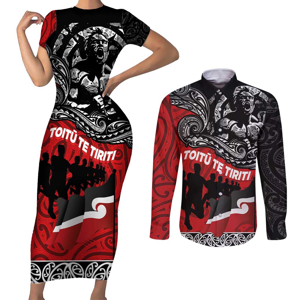 Aotearoa Toitu Te Tiriti Couples Matching Short Sleeve Bodycon Dress and Long Sleeve Button Shirt Honoring Te Tiriti o Waitangi Maori Haka LT03 Red - Polynesian Pride