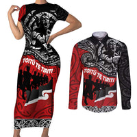 Aotearoa Toitu Te Tiriti Couples Matching Short Sleeve Bodycon Dress and Long Sleeve Button Shirt Honoring Te Tiriti o Waitangi Maori Haka LT03 Red - Polynesian Pride