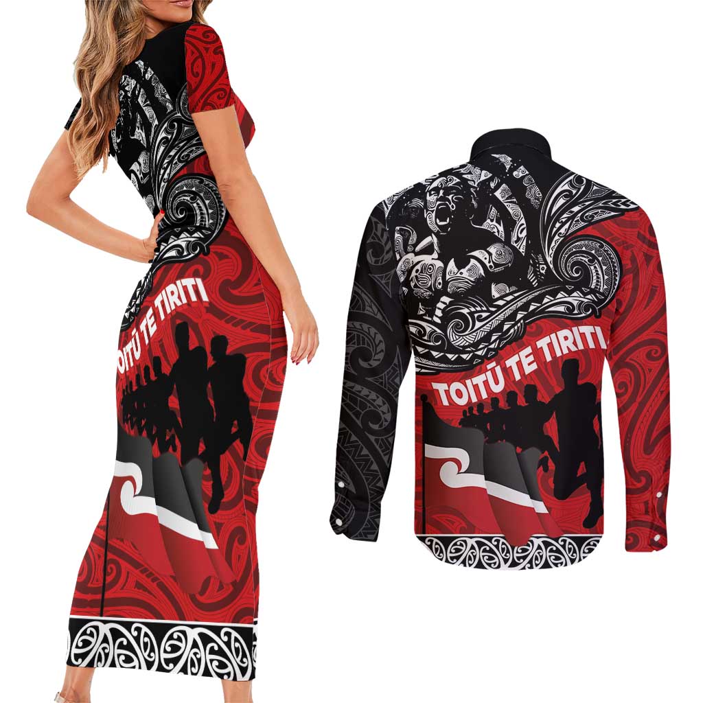 Aotearoa Toitu Te Tiriti Couples Matching Short Sleeve Bodycon Dress and Long Sleeve Button Shirt Honoring Te Tiriti o Waitangi Maori Haka LT03 - Polynesian Pride