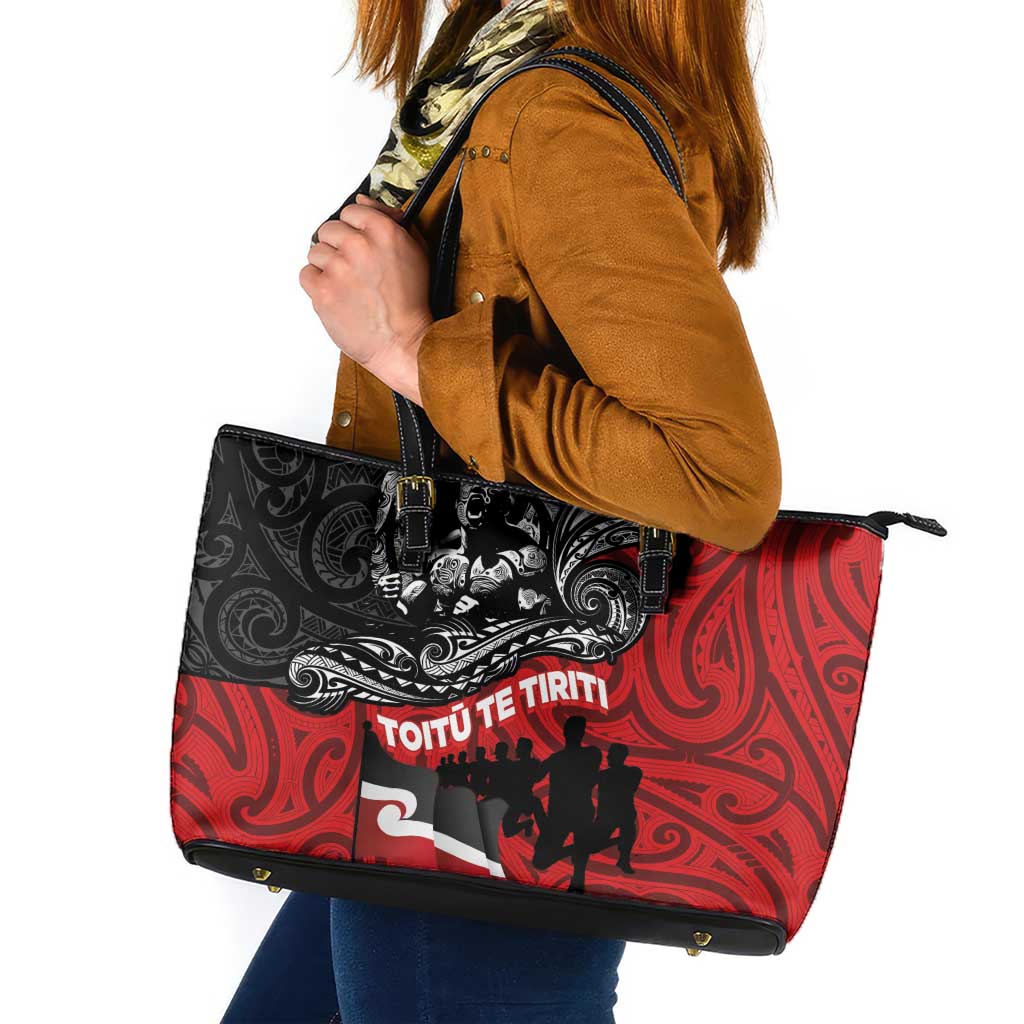 Aotearoa Toitu Te Tiriti Leather Tote Bag Honoring Te Tiriti o Waitangi Maori Haka LT03 Red - Polynesian Pride