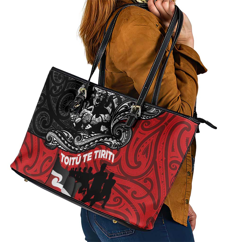 Aotearoa Toitu Te Tiriti Leather Tote Bag Honoring Te Tiriti o Waitangi Maori Haka LT03 - Polynesian Pride