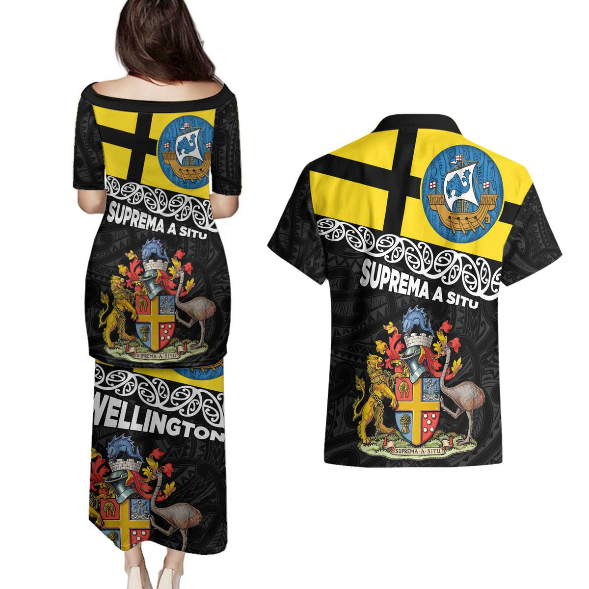 New Zealand Wellington Couples Matching Puletasi and Hawaiian Shirt The Capital's Emblems Flag and Koru Art