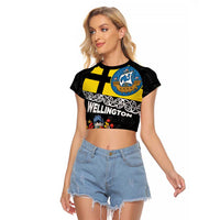 New Zealand Wellington Raglan Cropped T Shirt The Capital's Emblems Flag and Koru Art LT03 Female Black - Polynesian Pride