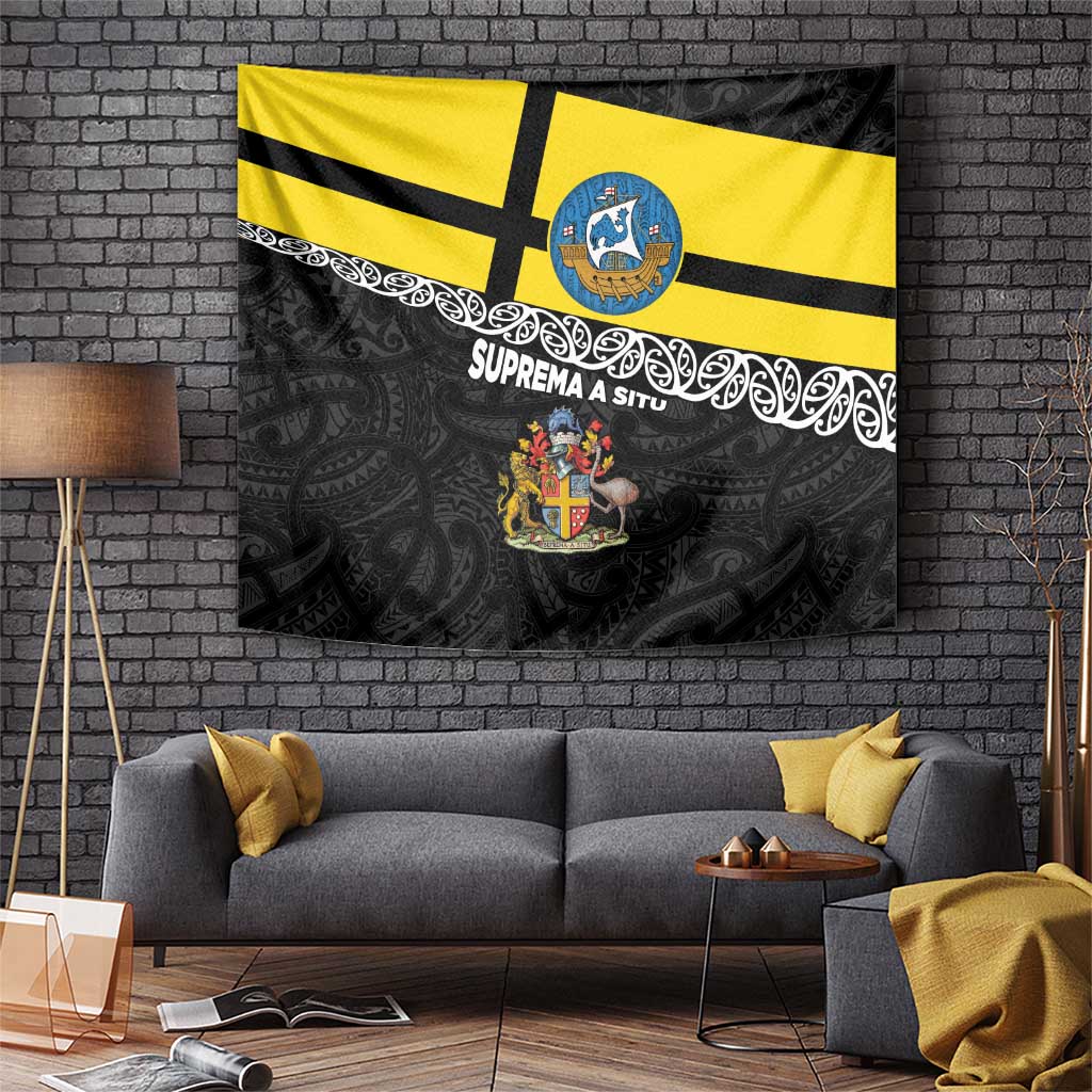 New Zealand Wellington Tapestry The Capital's Emblems Flag and Koru Art LT03 Black - Polynesian Pride