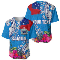 Personalised Samoa Coat Of Arms Baseball Jersey Tropical Flower Blue Polynesian Pattern LT03 - Polynesian Pride