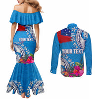 Personalised Samoa Coat Of Arms Couples Matching Mermaid Dress and Long Sleeve Button Shirt Tropical Flower Blue Polynesian Pattern LT03 - Polynesian Pride