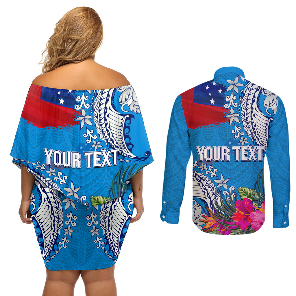 Personalised Samoa Coat Of Arms Couples Matching Off Shoulder Short Dress and Long Sleeve Button Shirt Tropical Flower Blue Polynesian Pattern LT03 - Polynesian Pride