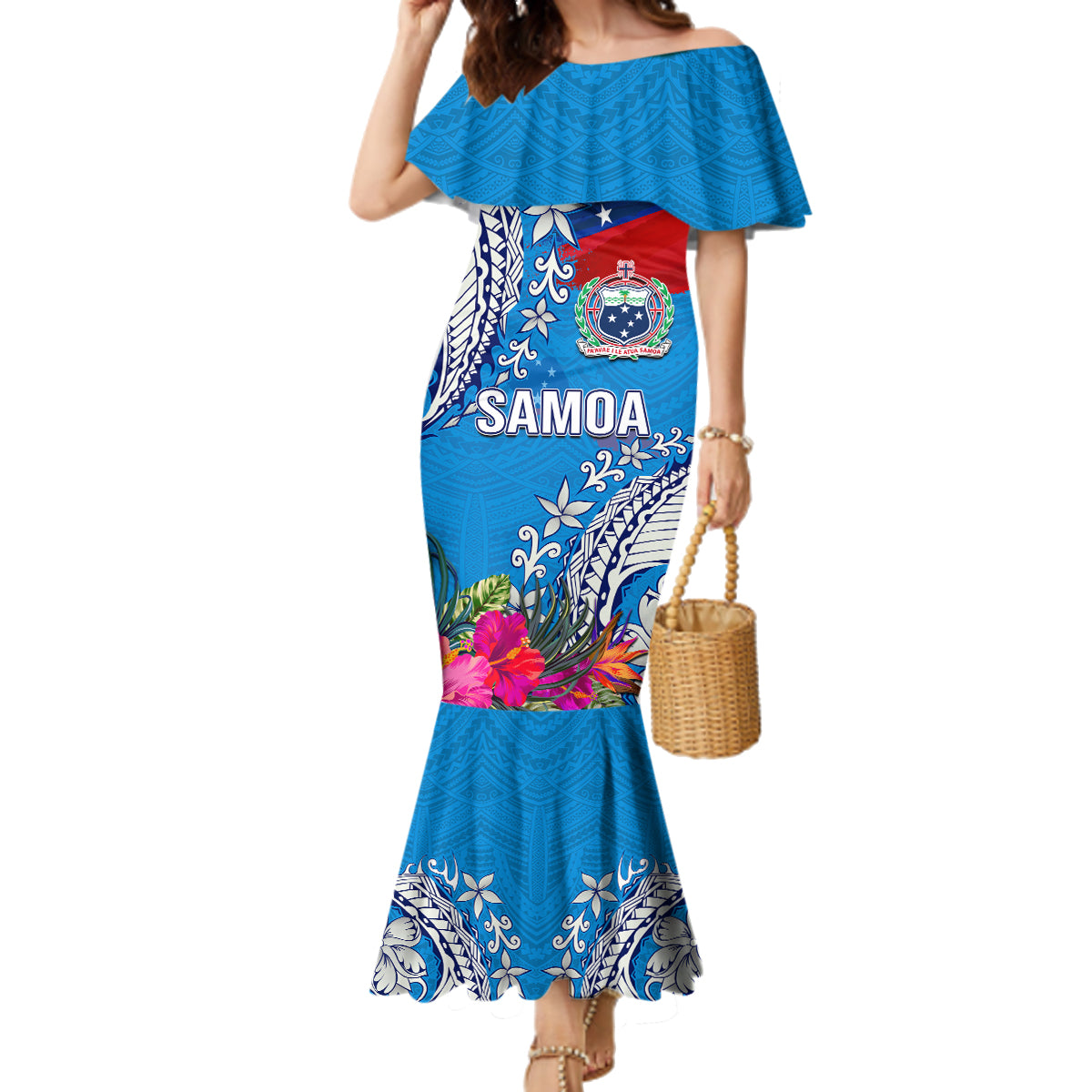 Personalised Samoa Coat Of Arms Family Matching Mermaid Dress and Hawaiian Shirt Tropical Flower Blue Polynesian Pattern LT03 Mom's Dress Blue - Polynesian Pride