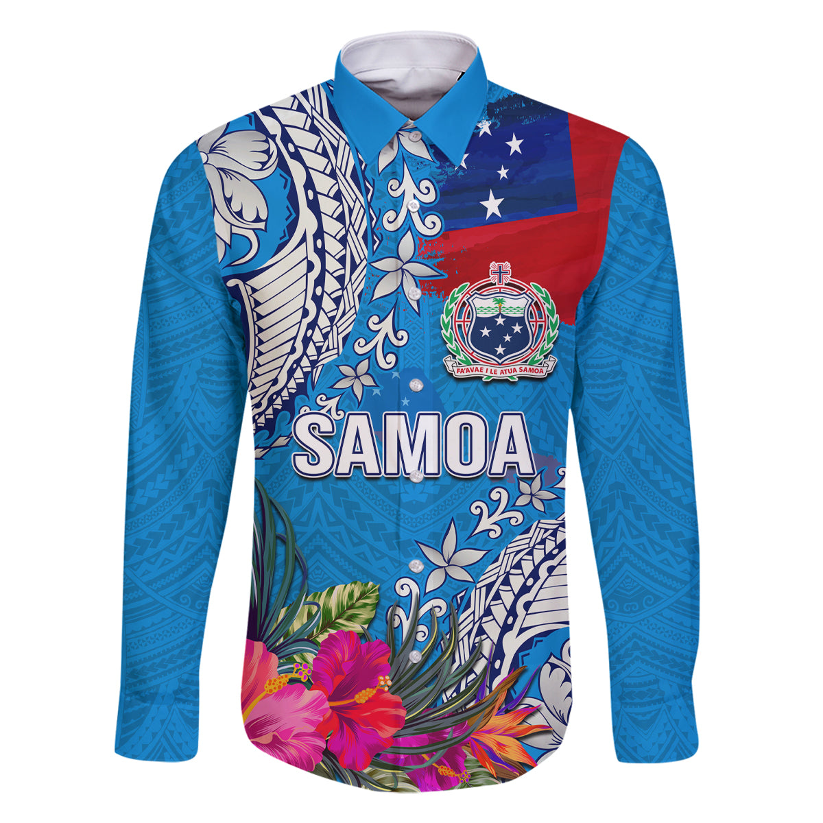 Personalised Samoa Coat Of Arms Family Matching Off Shoulder Long Sleeve Dress and Hawaiian Shirt Tropical Flower Blue Polynesian Pattern LT03 Dad's Shirt - Long Sleeve Blue - Polynesian Pride