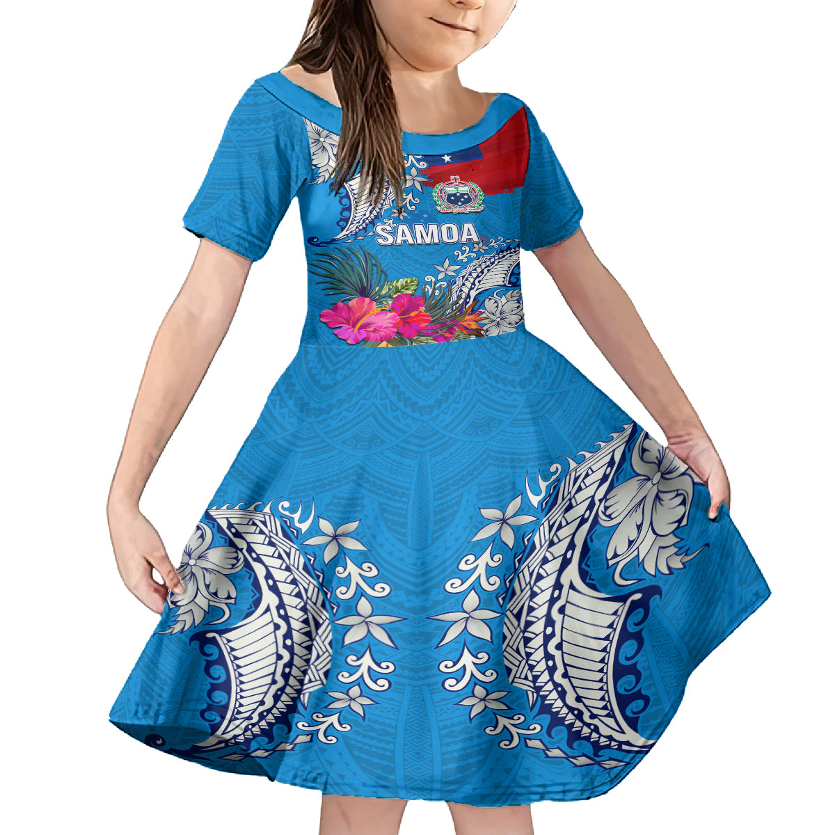 Personalised Samoa Coat Of Arms Family Matching Off Shoulder Short Dress and Hawaiian Shirt Tropical Flower Blue Polynesian Pattern LT03 Daughter's Dress Blue - Polynesian Pride