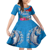 Personalised Samoa Coat Of Arms Family Matching Off Shoulder Short Dress and Hawaiian Shirt Tropical Flower Blue Polynesian Pattern LT03 Daughter's Dress Blue - Polynesian Pride