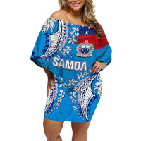 Personalised Samoa Coat Of Arms Family Matching Off Shoulder Short Dress and Hawaiian Shirt Tropical Flower Blue Polynesian Pattern LT03 Mom's Dress Blue - Polynesian Pride