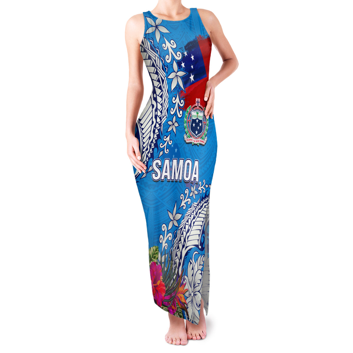 Personalised Samoa Coat Of Arms Family Matching Tank Maxi Dress and Hawaiian Shirt Tropical Flower Blue Polynesian Pattern LT03 Mom's Dress Blue - Polynesian Pride