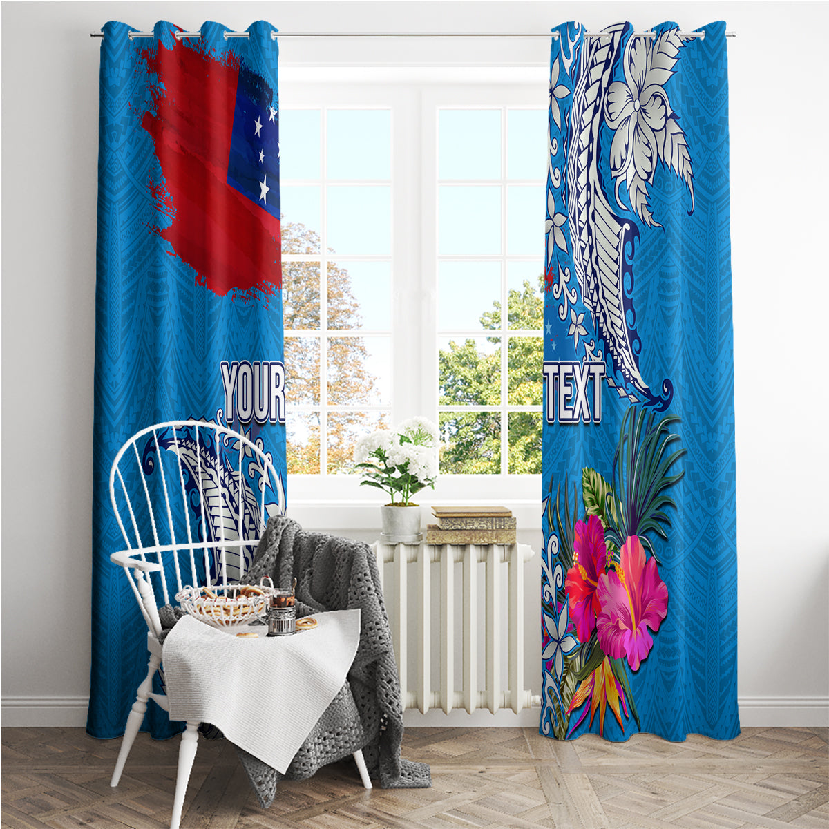 Personalised Samoa Coat Of Arms Window Curtain Tropical Flower Blue Polynesian Pattern LT03 - Polynesian Pride