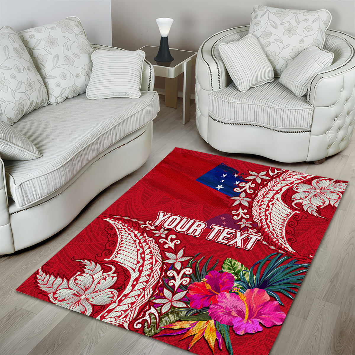 Personalised Samoa Coat Of Arms Area Rug Tropical Flower Red Polynesian Pattern LT03 - Polynesian Pride