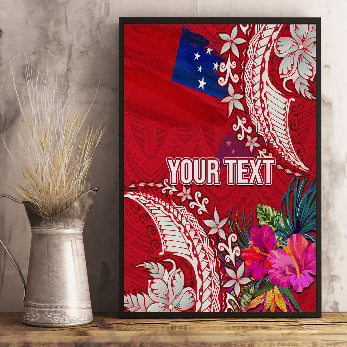 Personalised Samoa Coat Of Arms Canvas Wall Art Tropical Flower Red Polynesian Pattern LT03 - Polynesian Pride
