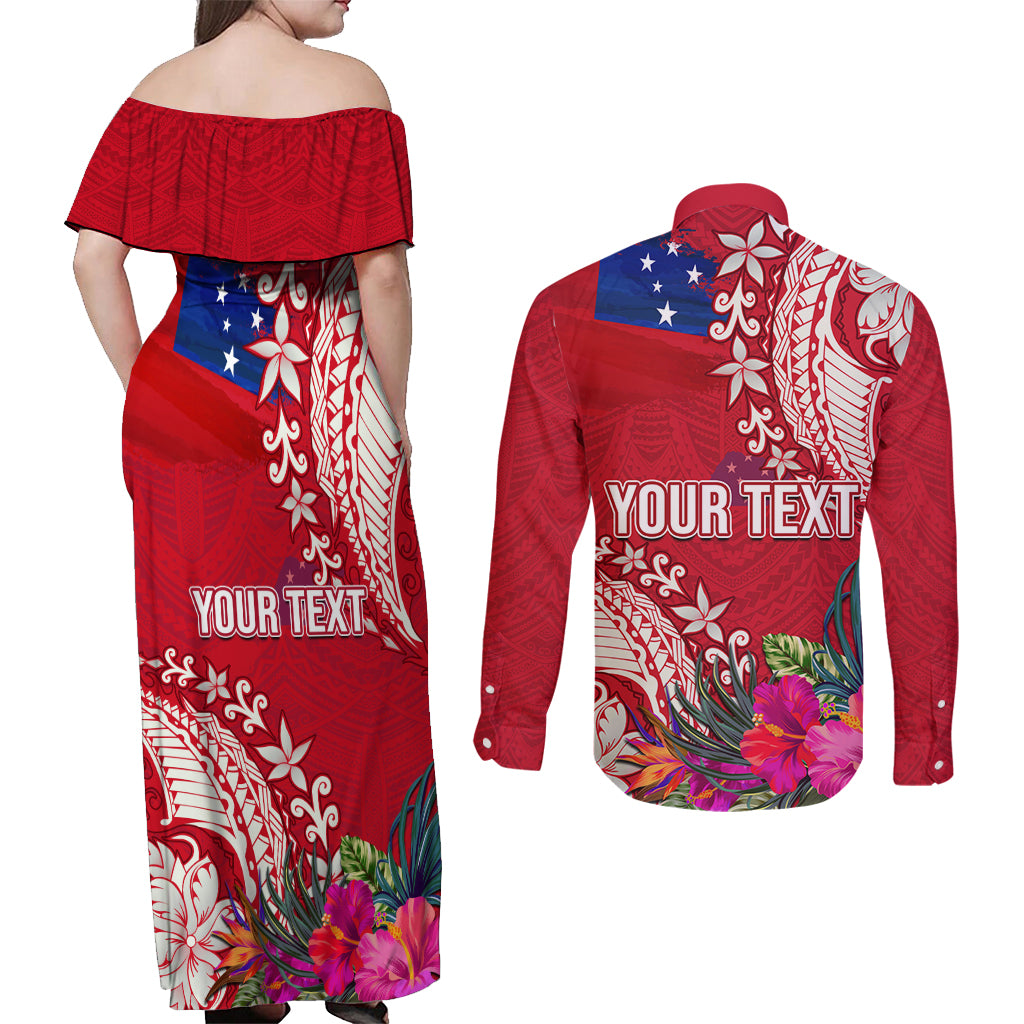 Personalised Samoa Coat Of Arms Couples Matching Off Shoulder Maxi Dress and Long Sleeve Button Shirt Tropical Flower Red Polynesian Pattern LT03 - Polynesian Pride