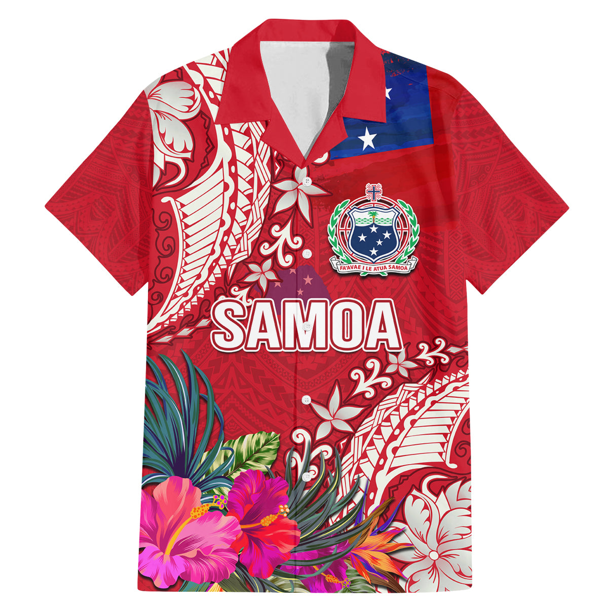 Personalised Samoa Coat Of Arms Family Matching Mermaid Dress and Hawaiian Shirt Tropical Flower Red Polynesian Pattern LT03 Dad's Shirt - Short Sleeve Red - Polynesian Pride