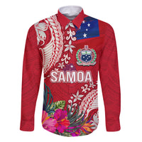 Personalised Samoa Coat Of Arms Family Matching Off Shoulder Long Sleeve Dress and Hawaiian Shirt Tropical Flower Red Polynesian Pattern LT03 Dad's Shirt - Long Sleeve Red - Polynesian Pride