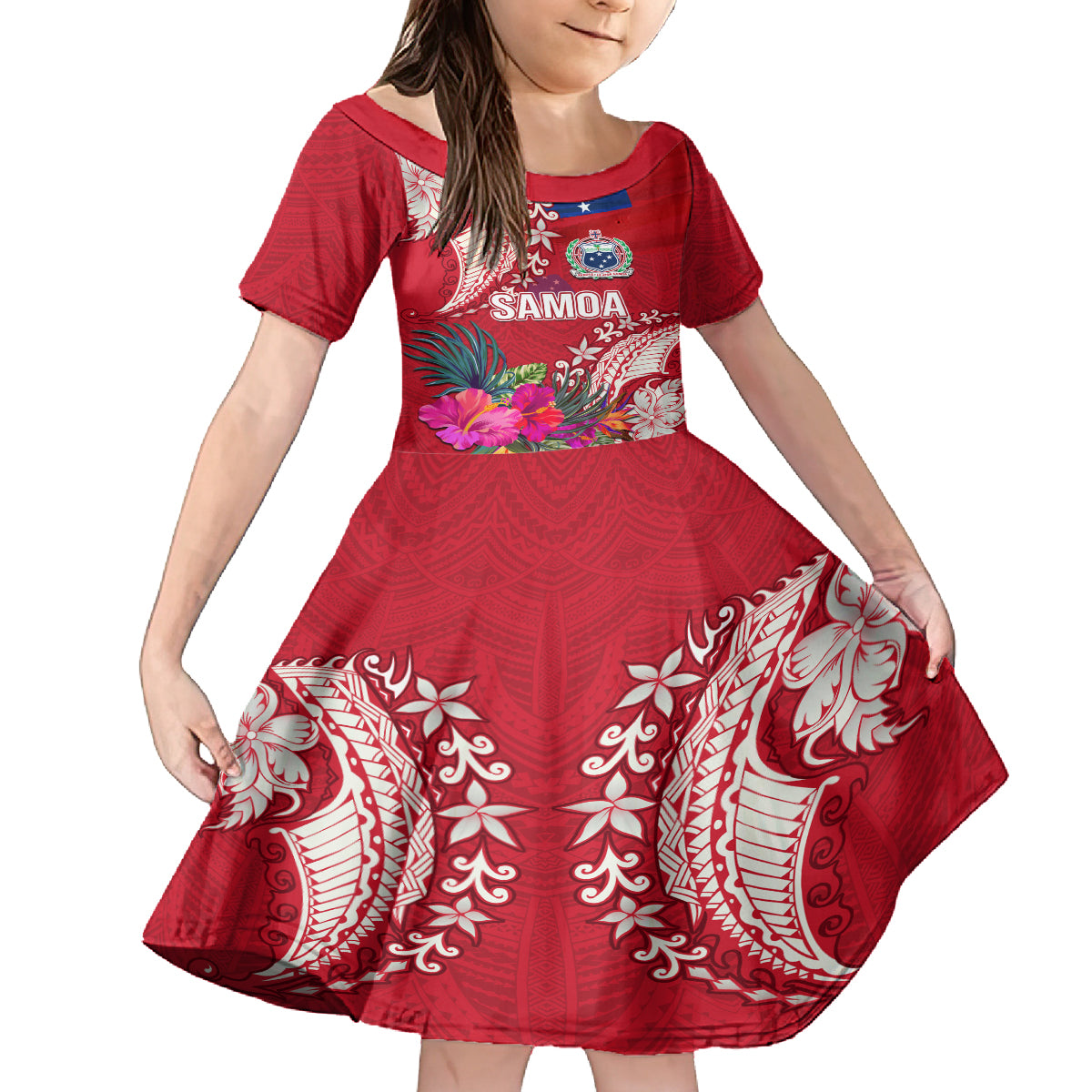 Personalised Samoa Coat Of Arms Family Matching Off Shoulder Short Dress and Hawaiian Shirt Tropical Flower Red Polynesian Pattern LT03 Daughter's Dress Red - Polynesian Pride