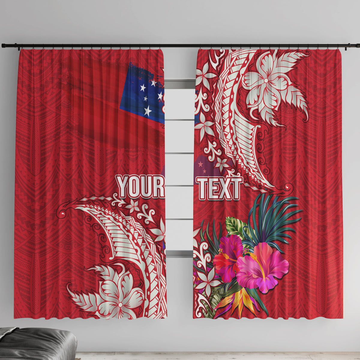 Personalised Samoa Coat Of Arms Window Curtain Tropical Flower Red Polynesian Pattern LT03 With Hooks Red - Polynesian Pride